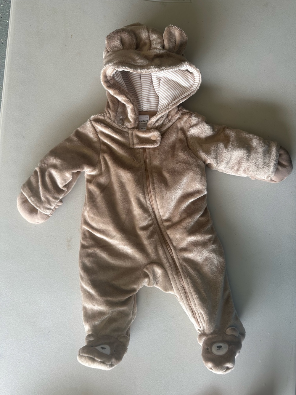 Cozy Bear Hooded One-Piece in Beige - Carters. Newborn